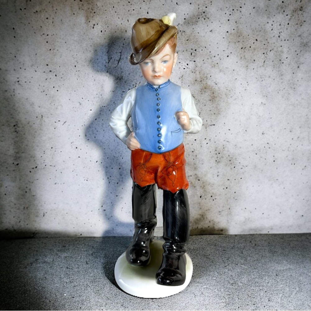 Herend Hungary - Boy in Boots Hand Painted Porcelain Figurine - Stamped